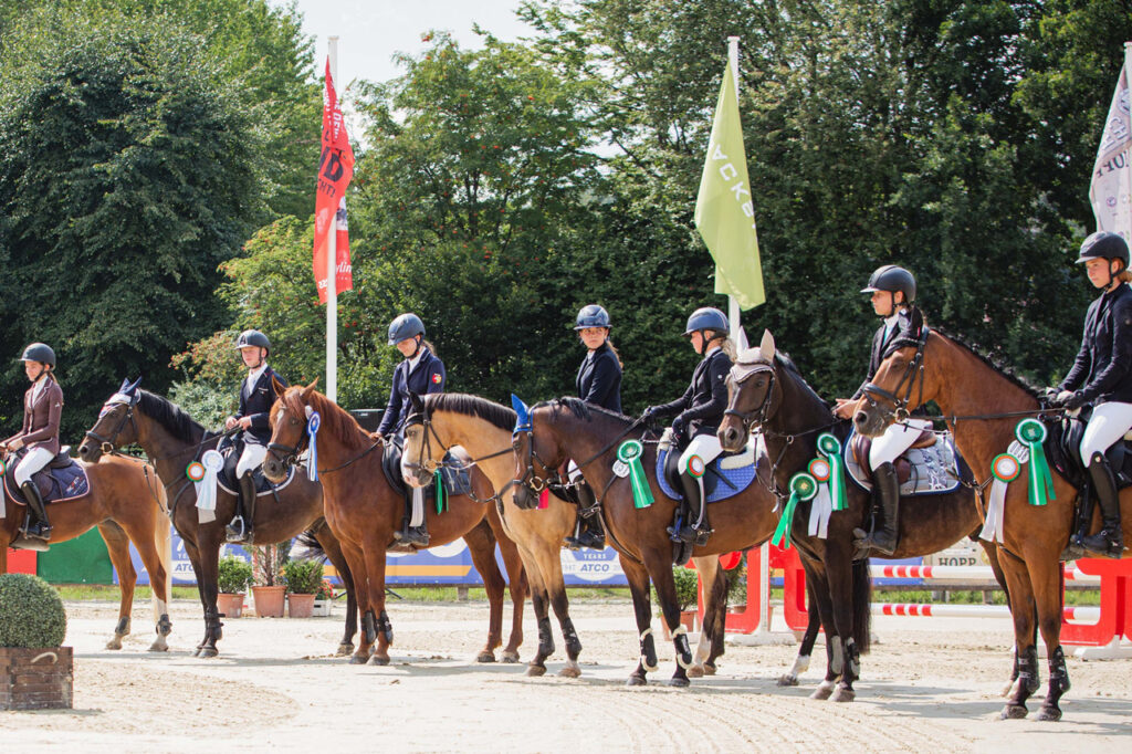 Gruppe Reiterinnen zu Pferd.